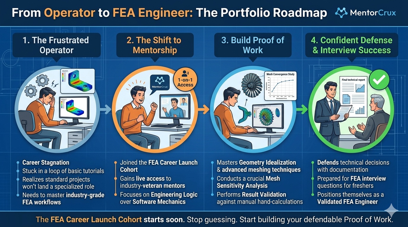 A detailed career roadmap infographic by MentorCrux, outlining the four key stages to becoming an FEA Engineer. It illustrates the journey from "Frustrated Operator" through "Shift to Mentorship" in the FEA Career Launch Cohort, to "Build Proof of Work" with mesh convergence studies, and finally "Confident Defense & Interview Success" for a validated role.