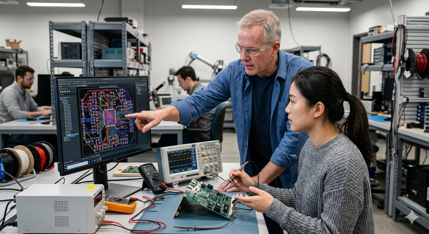 A senior electrical design engineer mentoring a young professional on Altium PCB layout and hardware debugging in a modern core engineering lab.