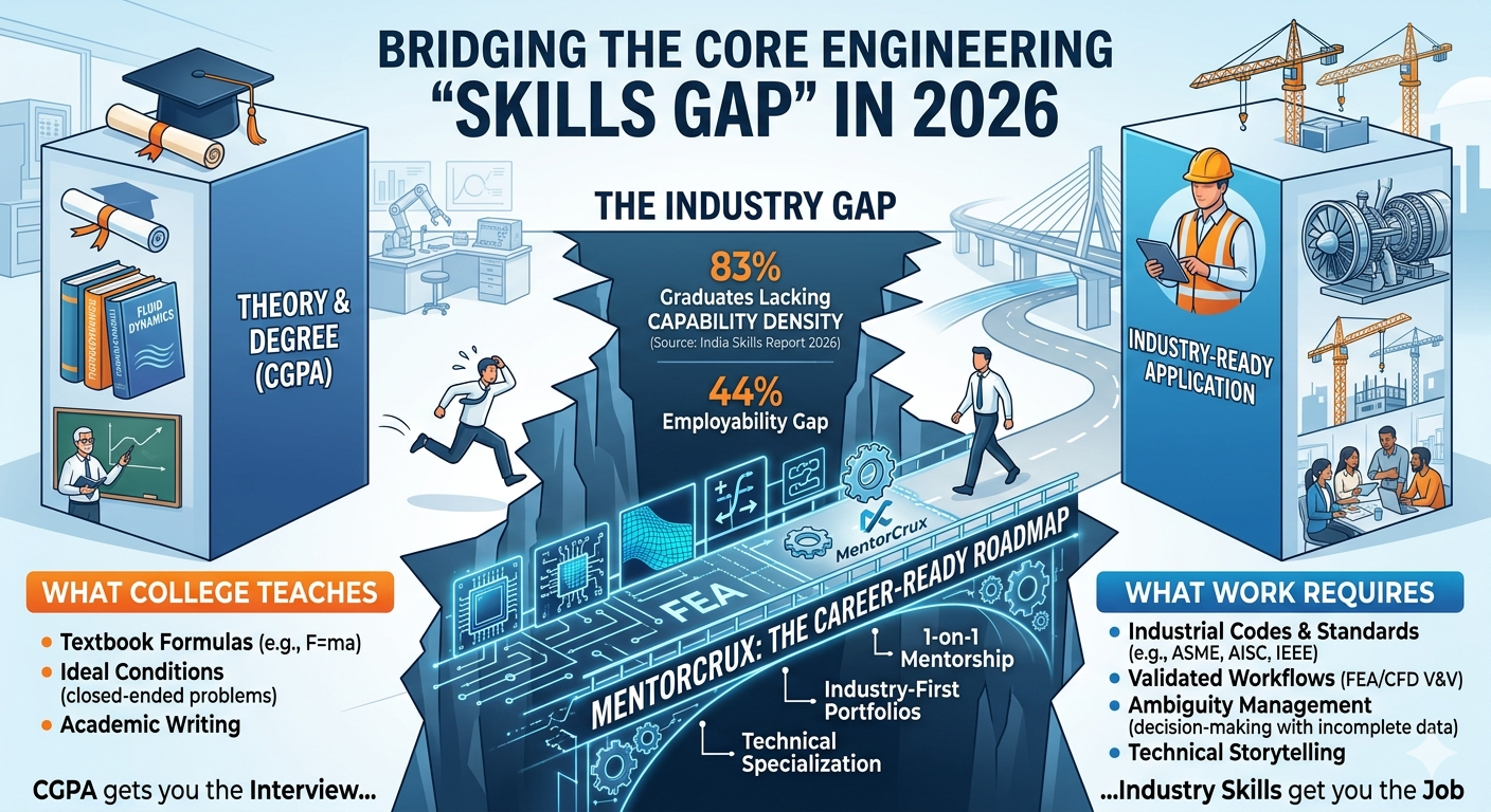 An infographic showing an engineering student running across a digital bridge toward a mentor, with text comparing "What College Teaches" versus "What Work Requires" over a chasm labeled "The Industry Gap."
